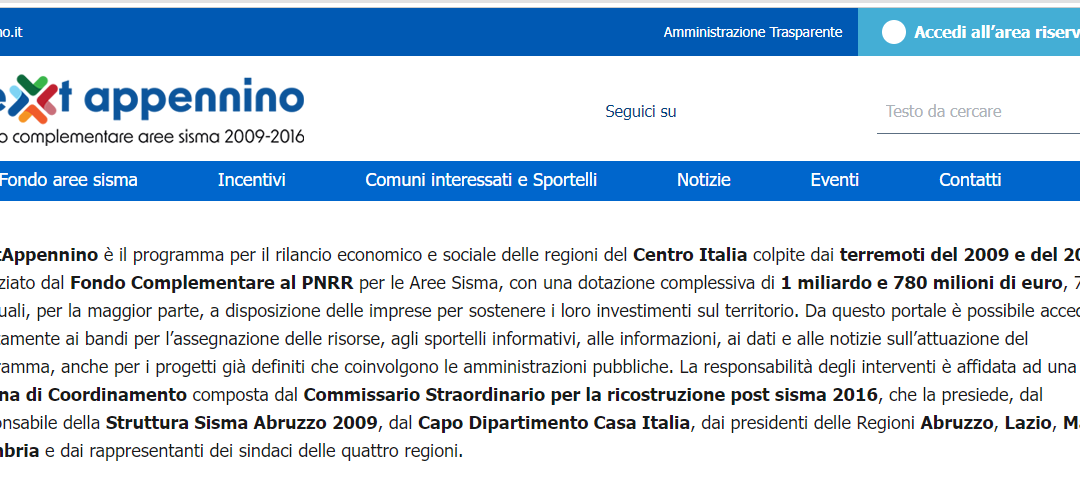NEXT APPENNINO: IL PORTALE per le aree danneggiate dai terremoti del 2009 e del 2016 in Centro Italia